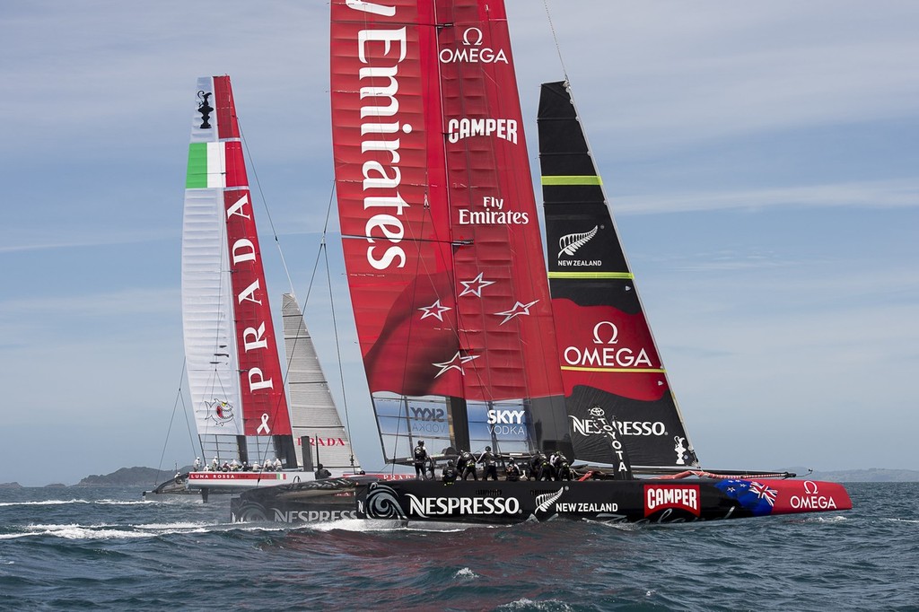 Emirates Team New Zealand and Luna Rossa practice racing in the Hauraki Gulf. 27/11/2012 © Chris Cameron/ETNZ http://www.chriscameron.co.nz